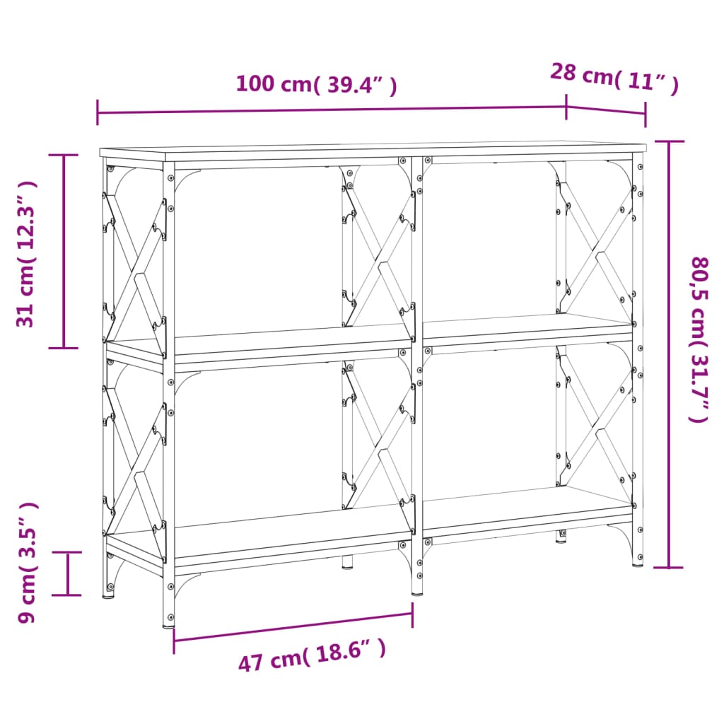 Table console noir 100x28x80,5 cm bois d'ingénierie