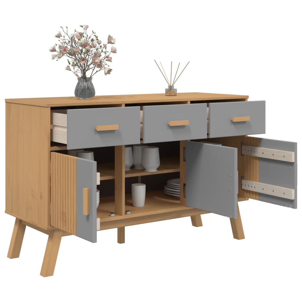 Graues und braunes Sideboard OLDEN 114x43x73,5 cm aus massivem Kiefernholz