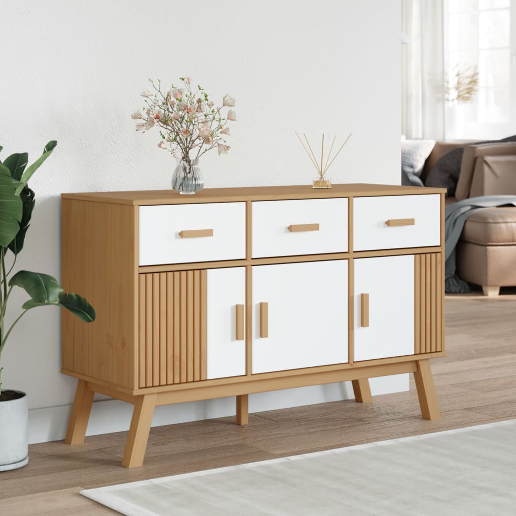 Buffet OLDEN blanc et marron 114x43x73,5 cm bois massif de pin