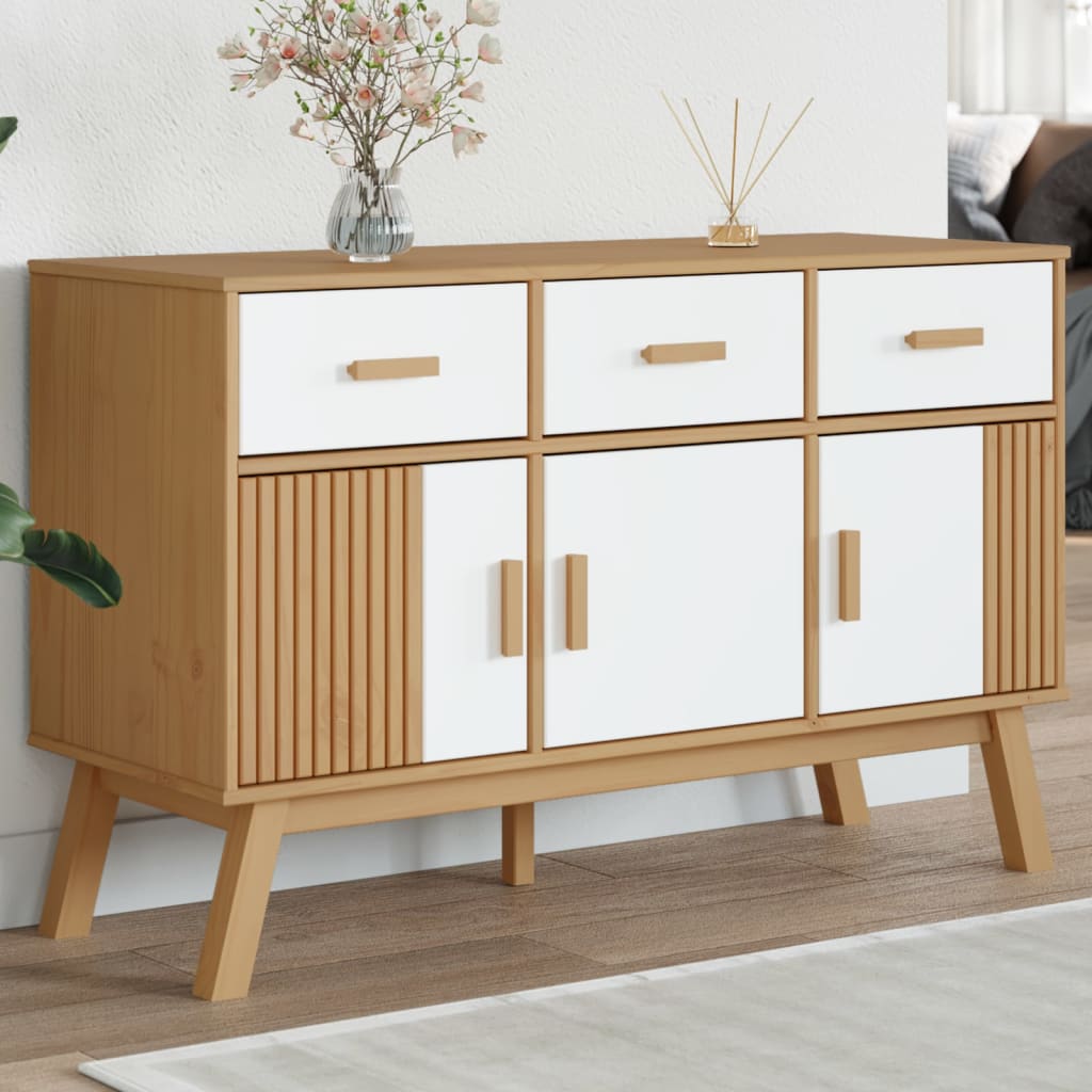 Buffet OLDEN blanc et marron 114x43x73,5 cm bois massif de pin