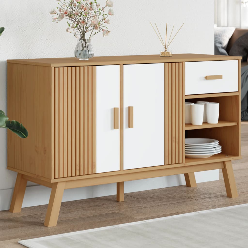 Buffet OLDEN blanc et marron 114x43x73,5 cm bois massif de pin