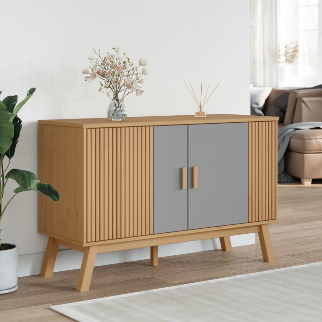 Graues und braunes Sideboard OLDEN 114x43x73,5 cm aus massivem Kiefernholz