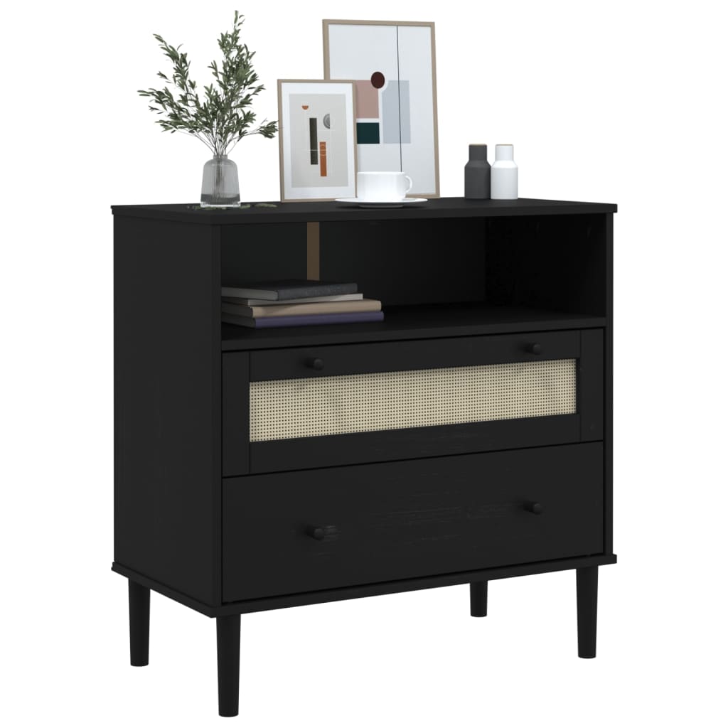 Buffet SENJA aspect rotin noir 80x40x80 cm bois massif de pin