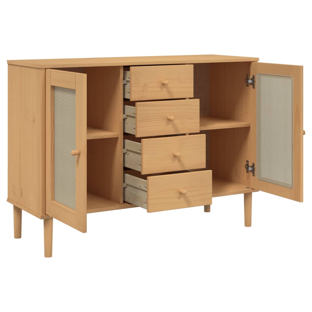 Buffet SENJA aspect rotin marron 112x40x80cm bois massif de pin