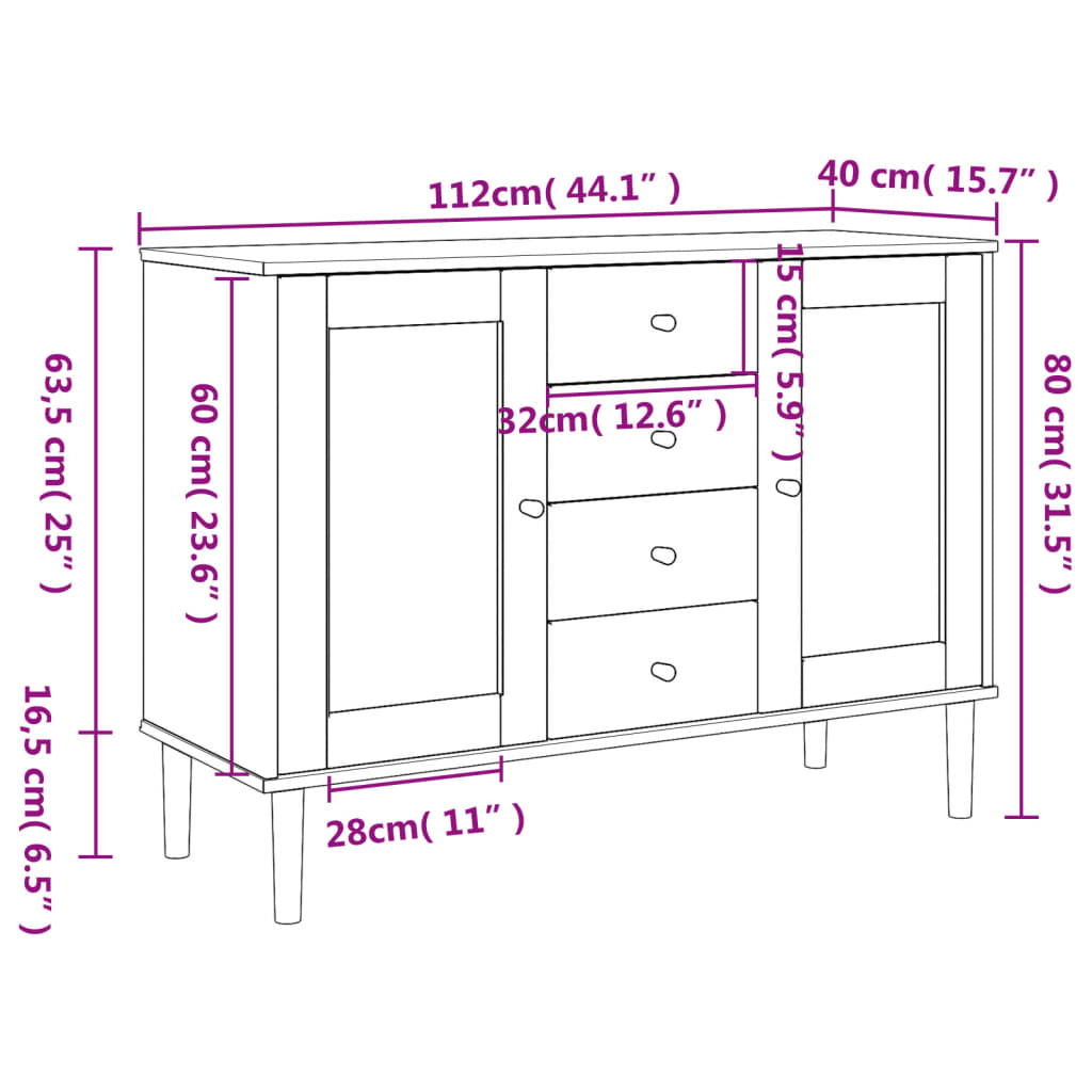 Buffet SENJA aspect rotin marron 112x40x80cm bois massif de pin