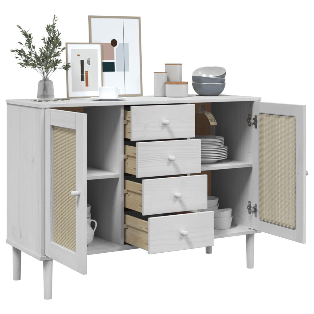 Buffet SENJA aspect rotin blanc 112x40x80cm bois massif de pin