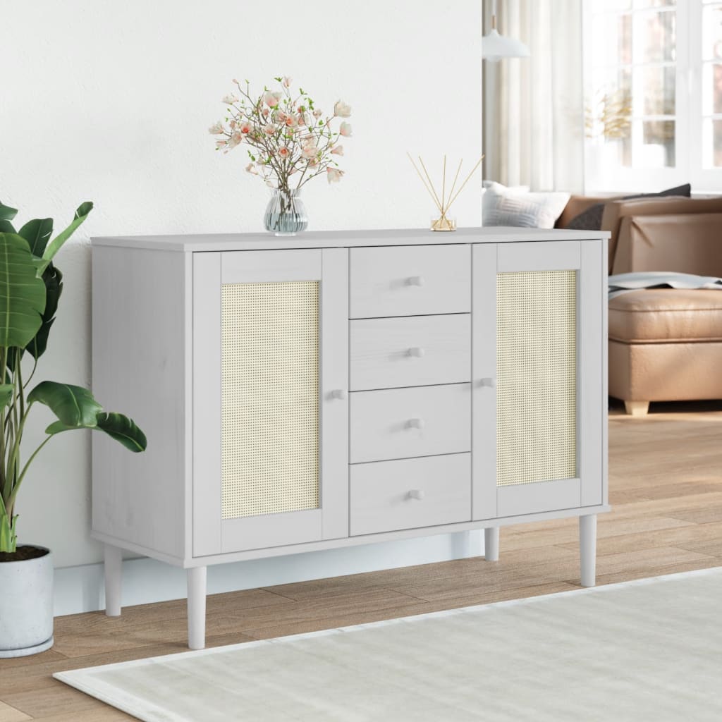 Buffet SENJA aspect rotin blanc 112x40x80cm bois massif de pin