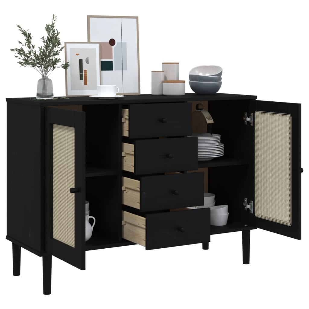 Buffet SENJA aspect rotin noir 112x40x80cm bois massif de pin