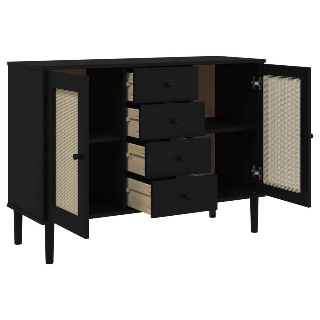 Buffet SENJA aspect rotin noir 112x40x80cm bois massif de pin