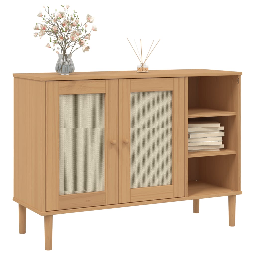 Buffet SENJA aspect rotin marron 112x40x80cm bois massif de pin