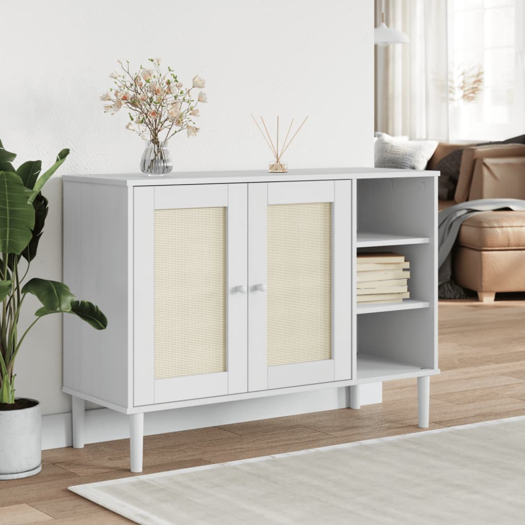 Buffet SENJA aspect rotin blanc 112x40x80cm bois massif de pin