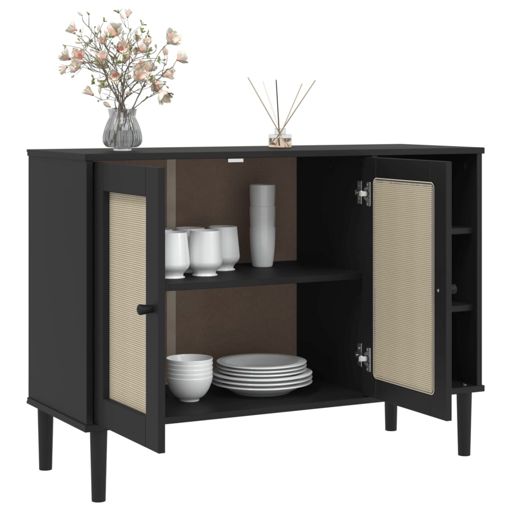 SENJA Sideboard schwarz Rattanoptik 112x40x80cm massives Kiefernholz