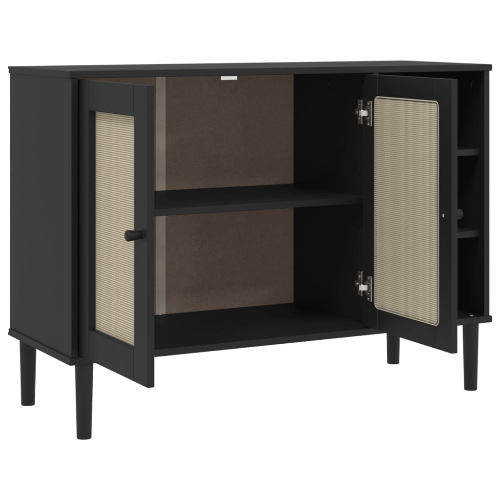 SENJA sideboard in black rattan look 112x40x80cm solid pine wood