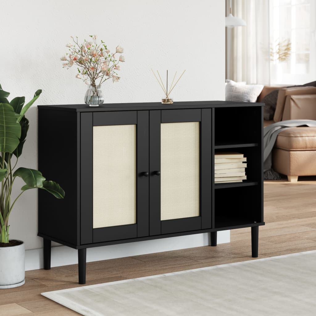 SENJA sideboard in black rattan look 112x40x80cm solid pine wood