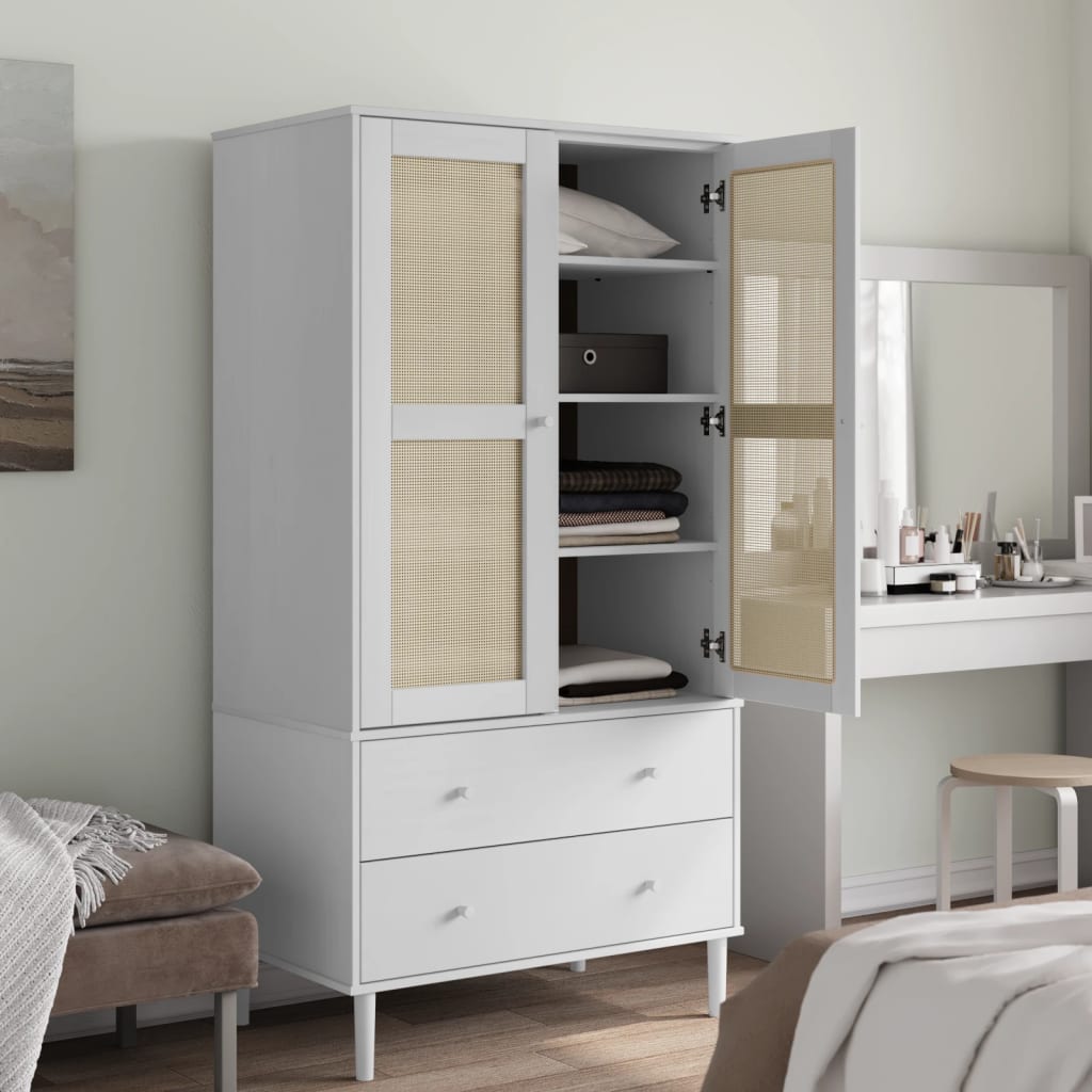 Garde-robe SENJA aspect rotin blanc 90x55x175cm bois massif pin