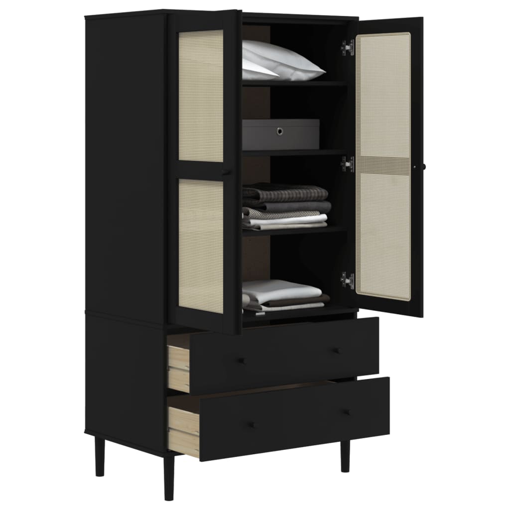 Garde-robe SENJA aspect rotin noir 90x55x175 cm bois massif pin