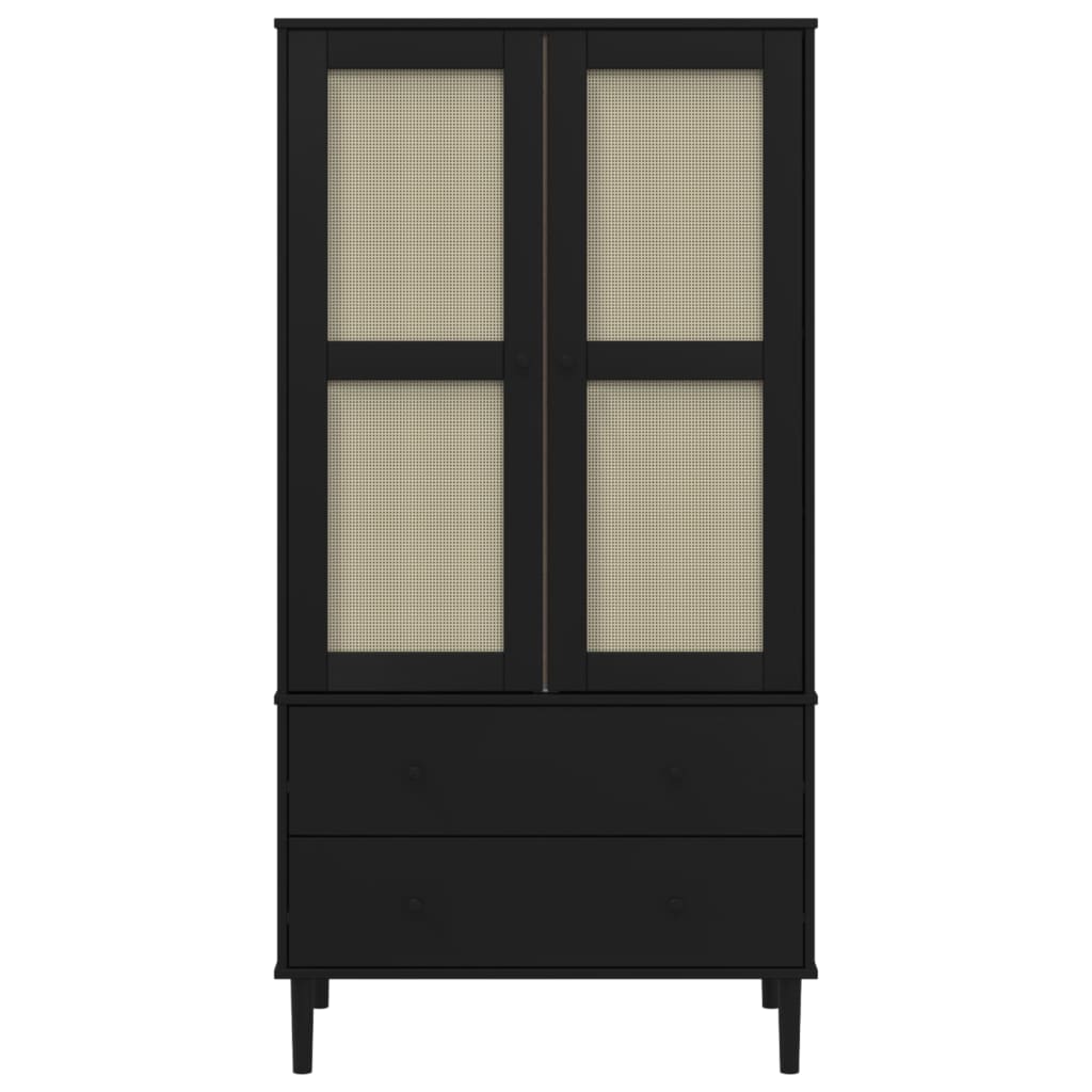 Garde-robe SENJA aspect rotin noir 90x55x175 cm bois massif pin