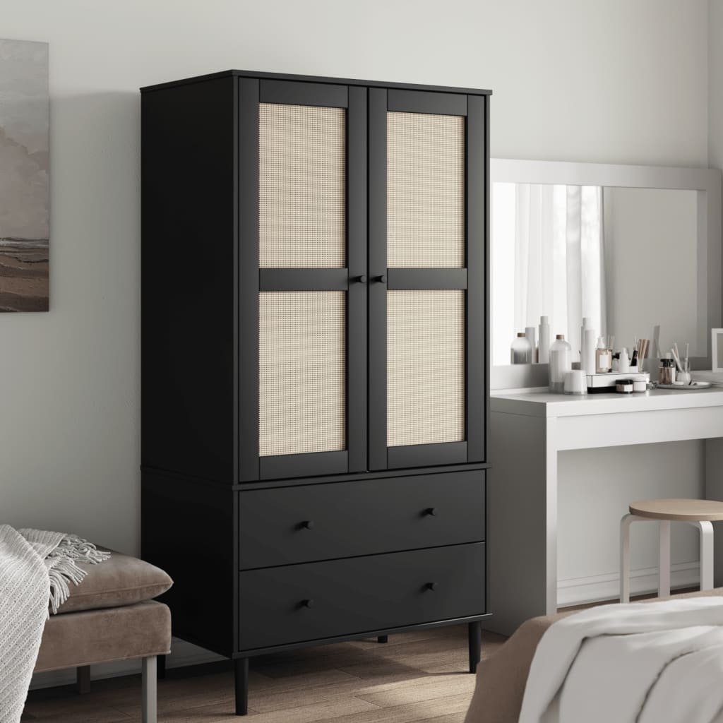 Garde-robe SENJA aspect rotin noir 90x55x175 cm bois massif pin