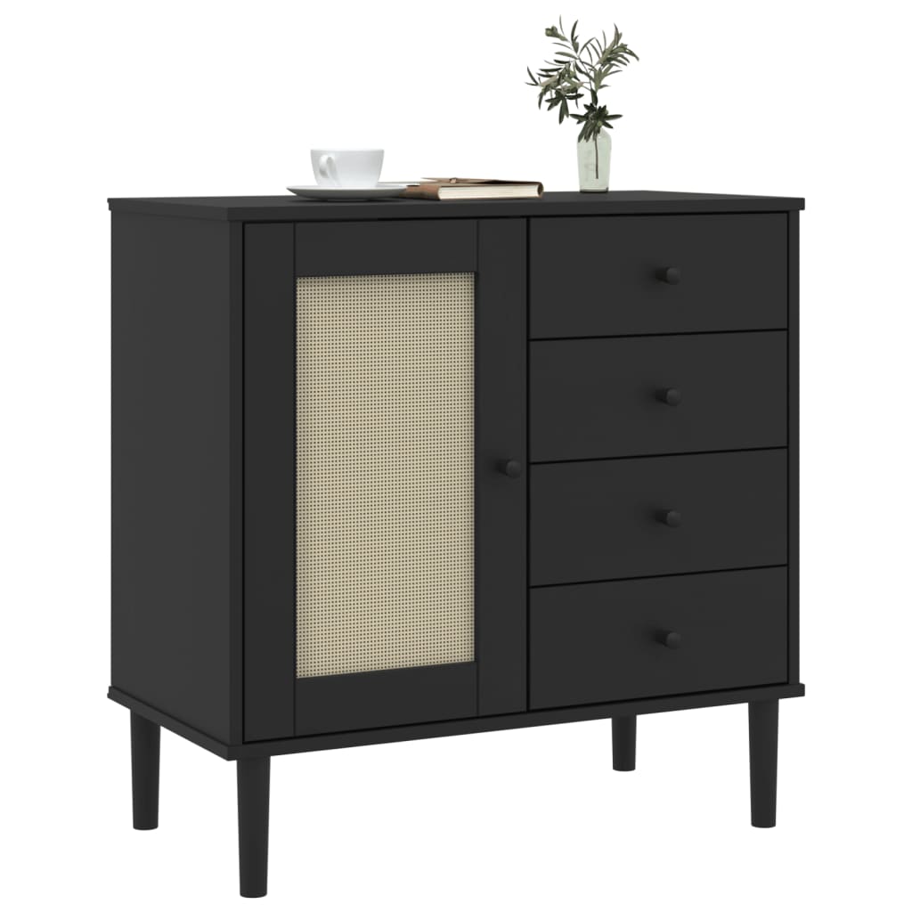 SENJA Sideboard schwarz Rattanoptik 80x40x80 cm massives Kiefernholz