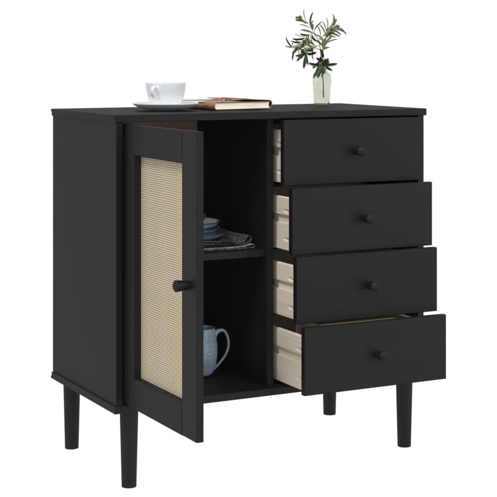 Buffet SENJA aspect rotin noir 80x40x80 cm bois massif de pin