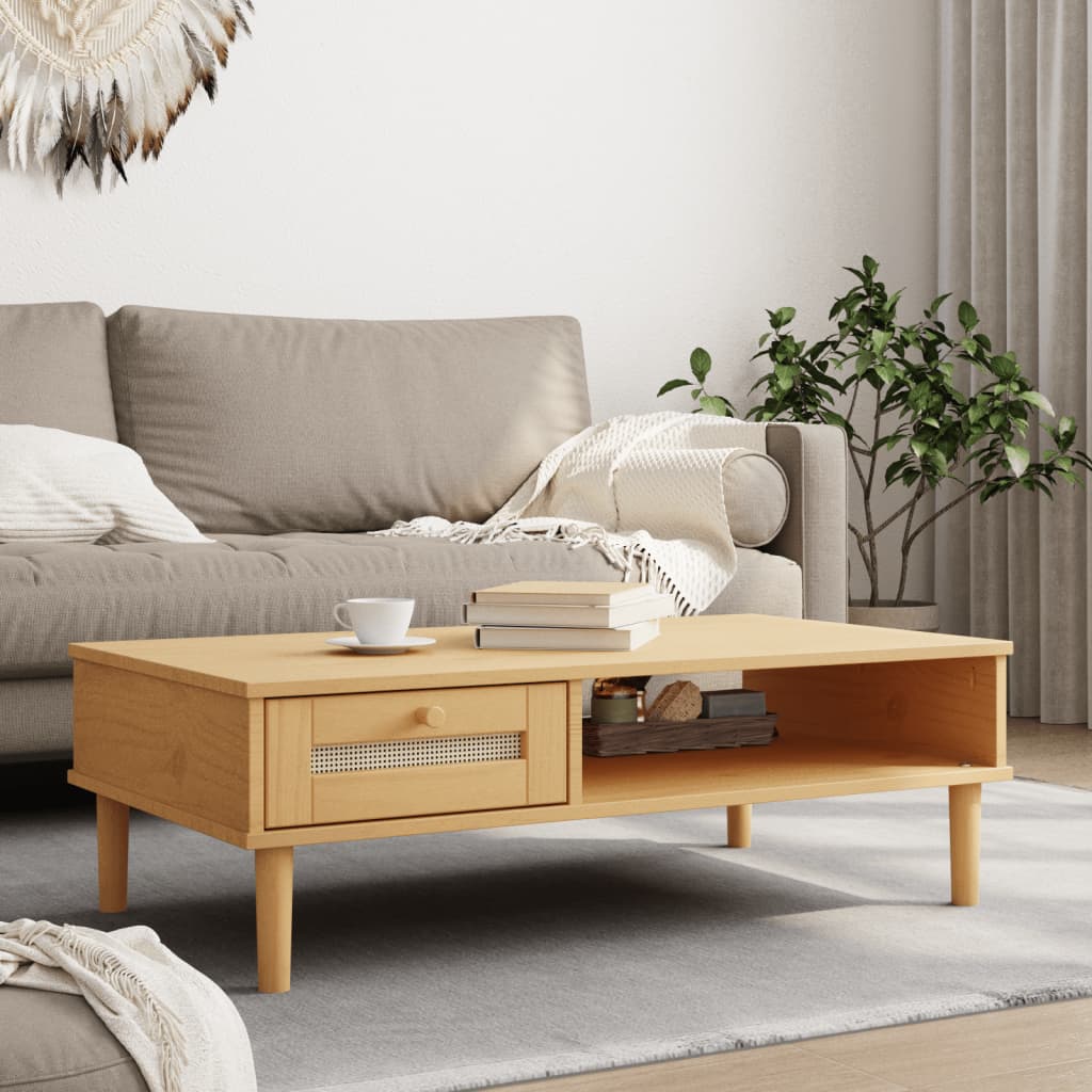 Table basse SENJA aspect rotin marron 100x55x33 cm bois massif