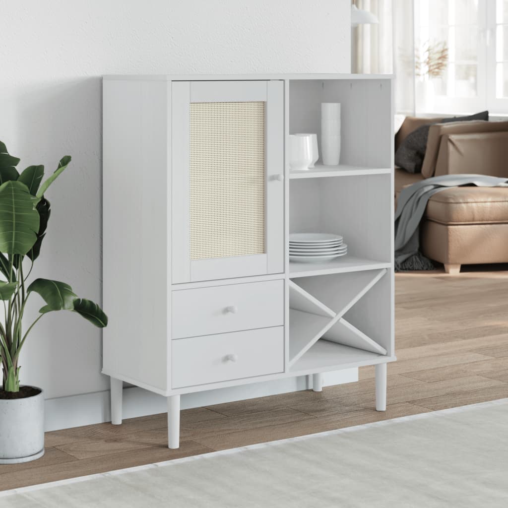 Buffet SENJA aspect rotin blanc 90x40x112cm bois massif de pin