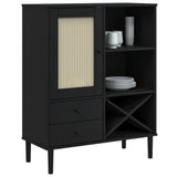 Buffet SENJA aspect rotin noir 90x40x112cm bois massif de pin