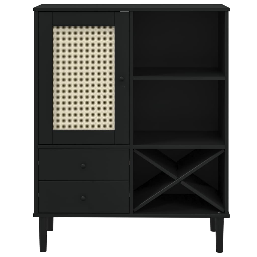 Buffet SENJA aspect rotin noir 90x40x112cm bois massif de pin