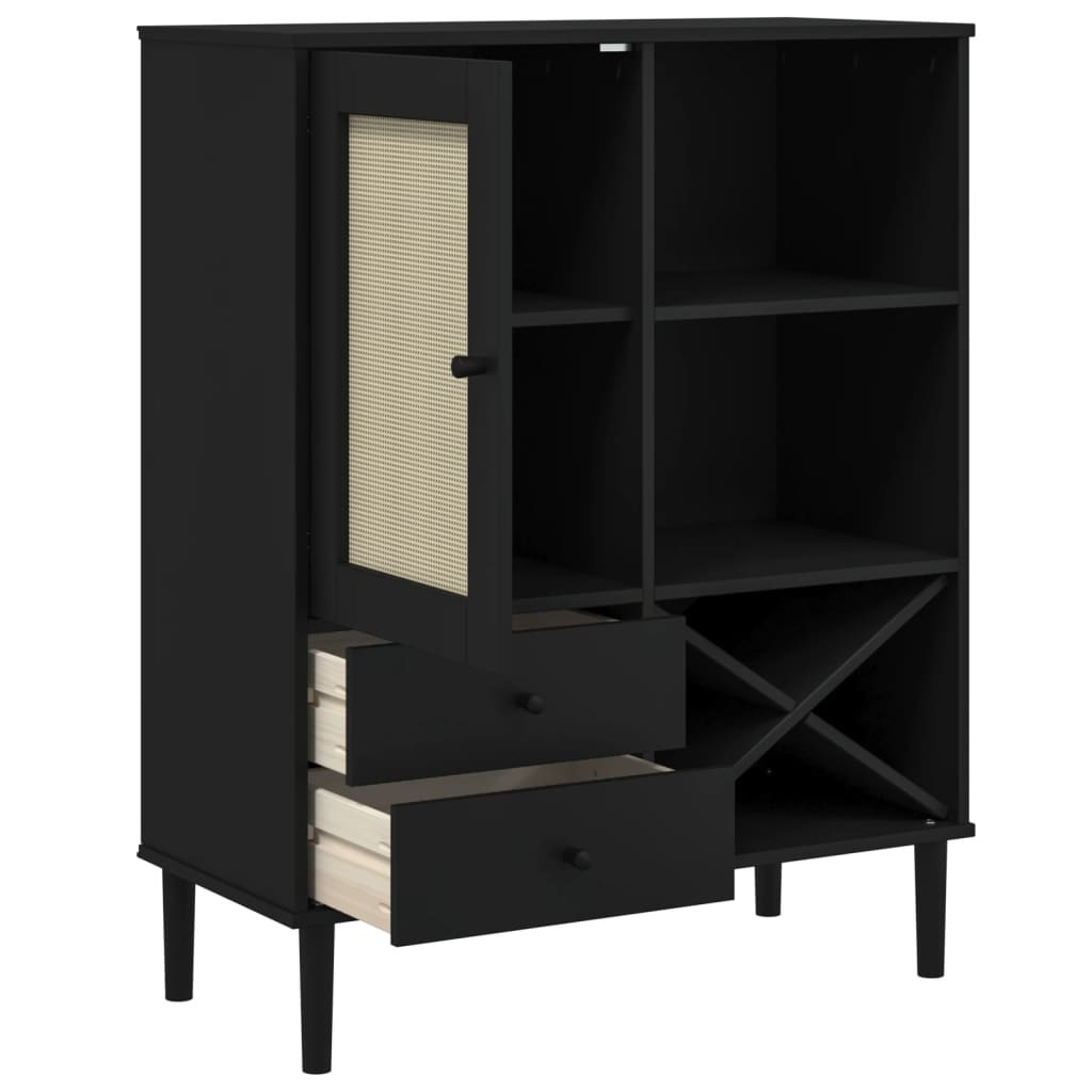 Buffet SENJA aspect rotin noir 90x40x112cm bois massif de pin