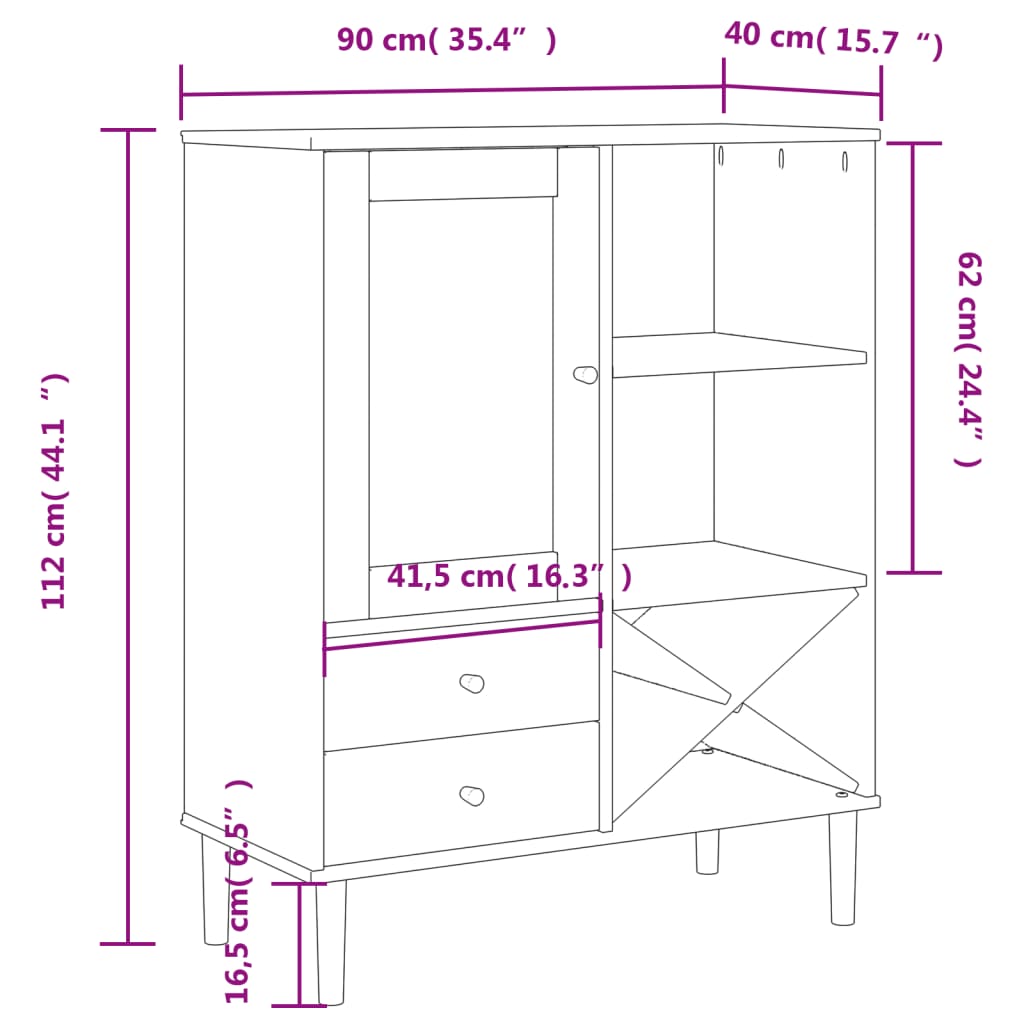 Buffet SENJA aspect rotin noir 90x40x112cm bois massif de pin