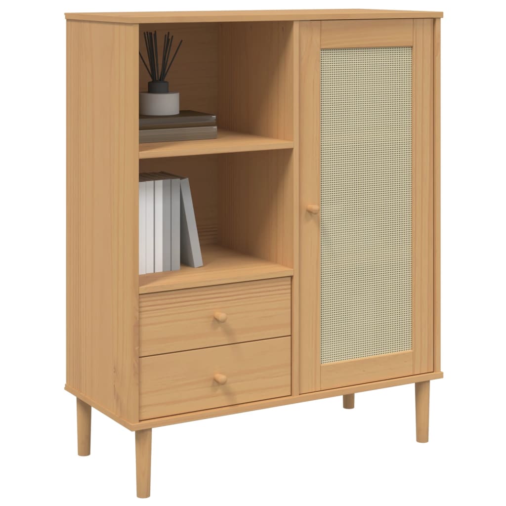 Buffet SENJA aspect rotin marron 90x40x112cm bois massif de pin