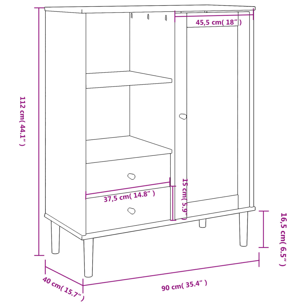 SENJA Sideboard weiß Rattanoptik 90x40x112cm massives Kiefernholz