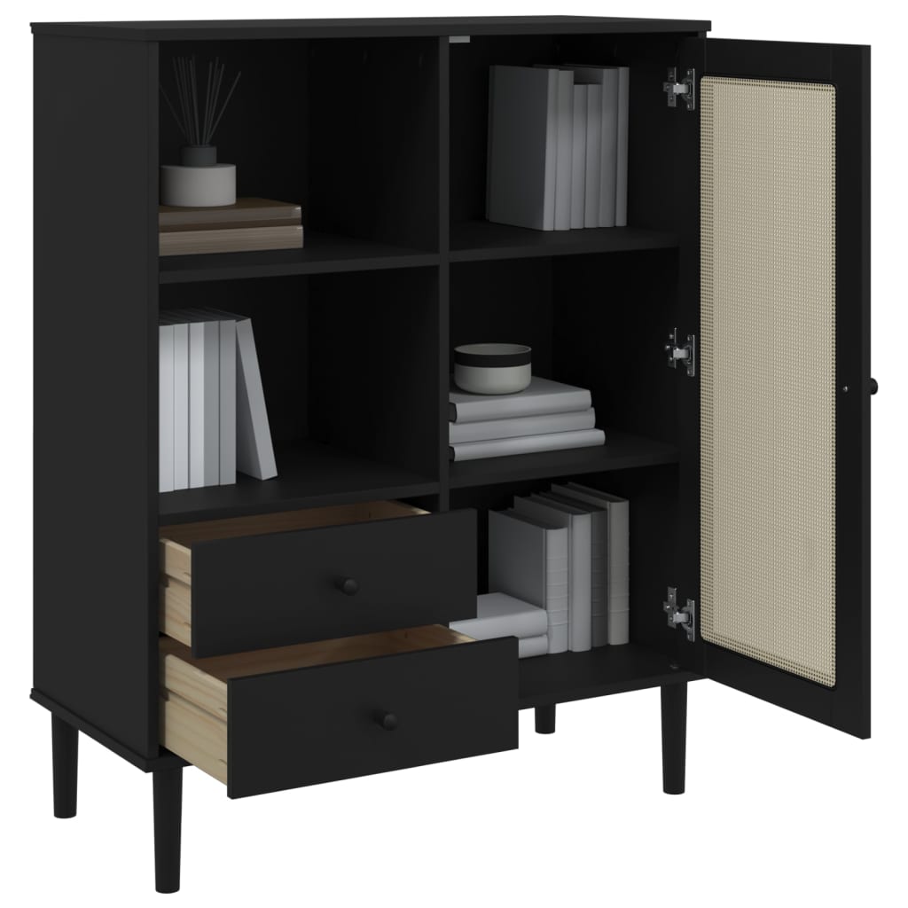 SENJA Sideboard schwarz Rattanoptik 90x40x112cm massives Kiefernholz