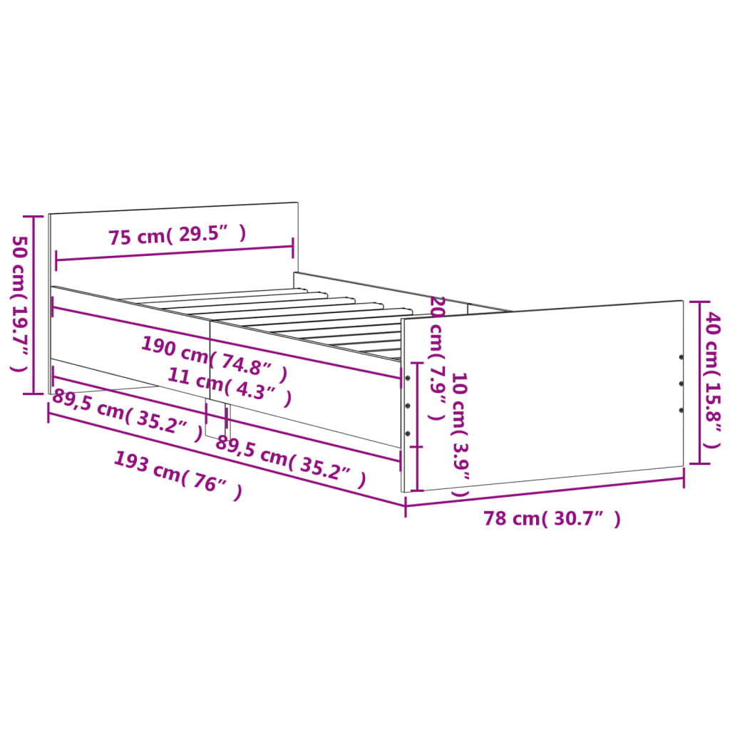 Cadre de lit sans matelas chêne fumé 75x190cm bois d'ingénierie