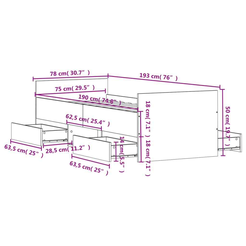 Cadre de lit sans matelas blanc 75x190 cm