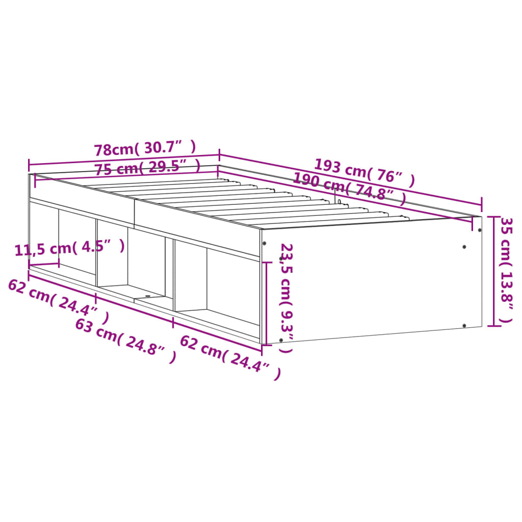 Cadre de lit sans matelas blanc 75x190 cm