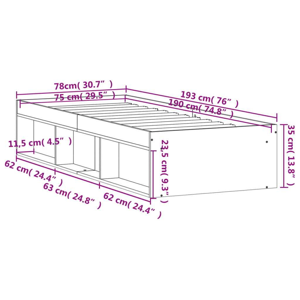 Bed frame without mattress brown oak 75x190 cm