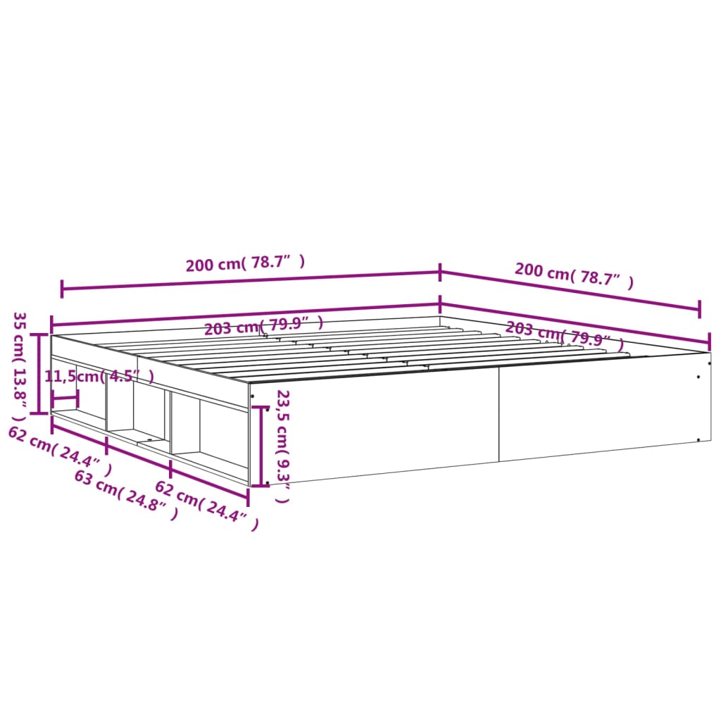 Bed frame without mattress brown oak 200x200 cm