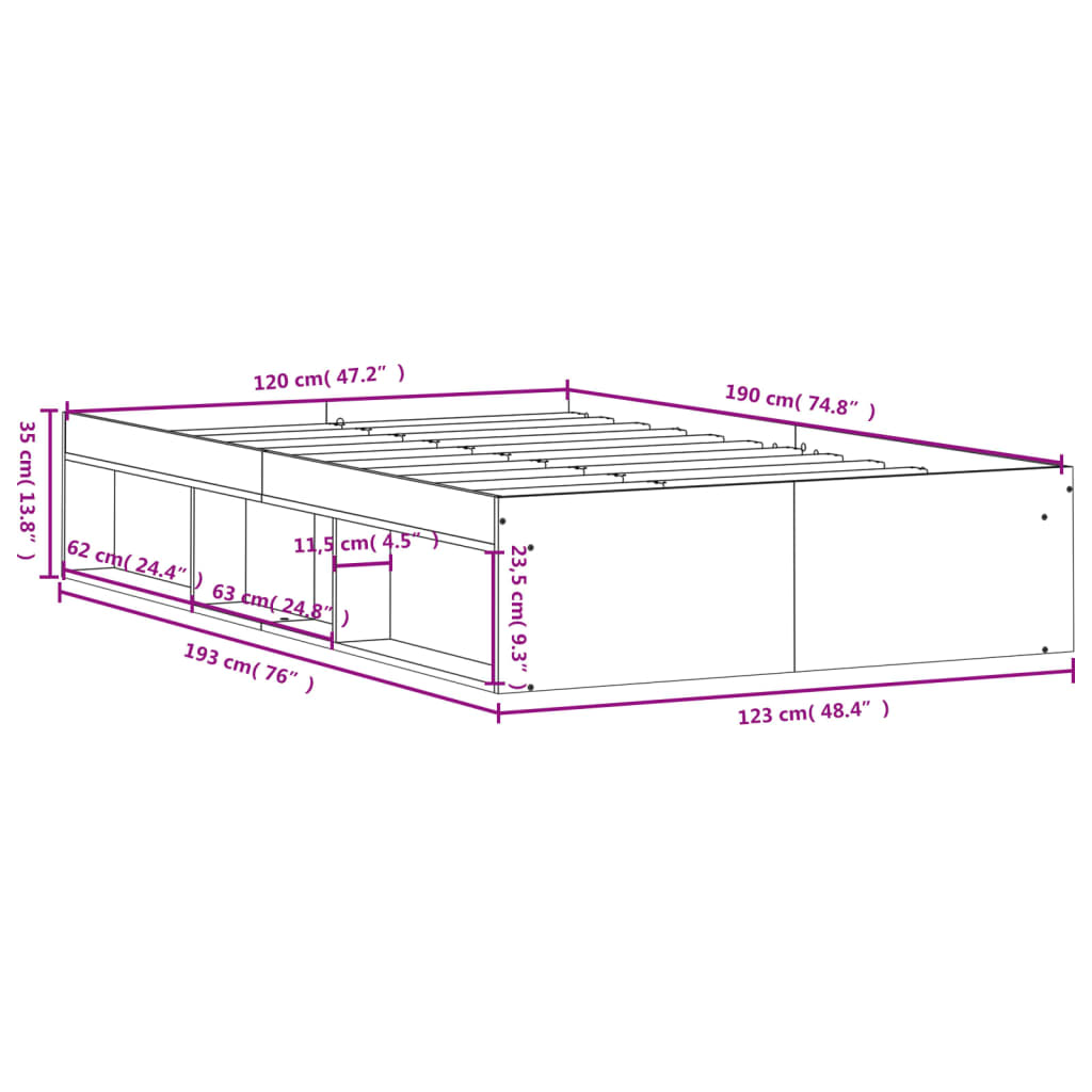 Cadre de lit sans matelas chêne fumé 120x190 cm