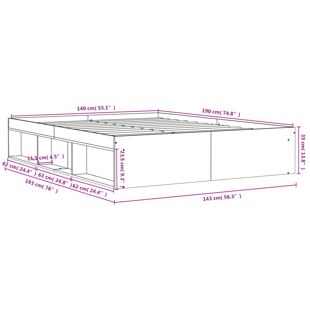 Bed frame without mattress concrete gray 140x190 cm