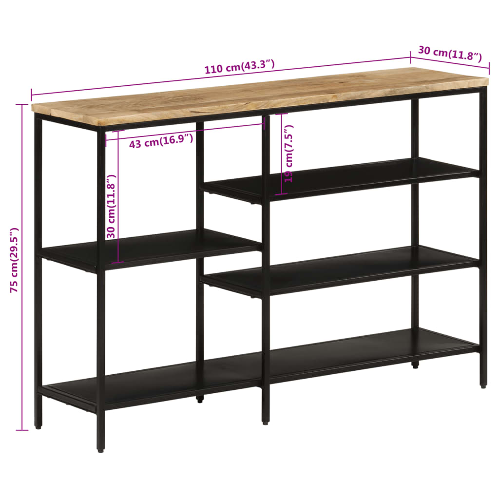 Table console 110x30x75 cm bois de manguier massif brut et fer