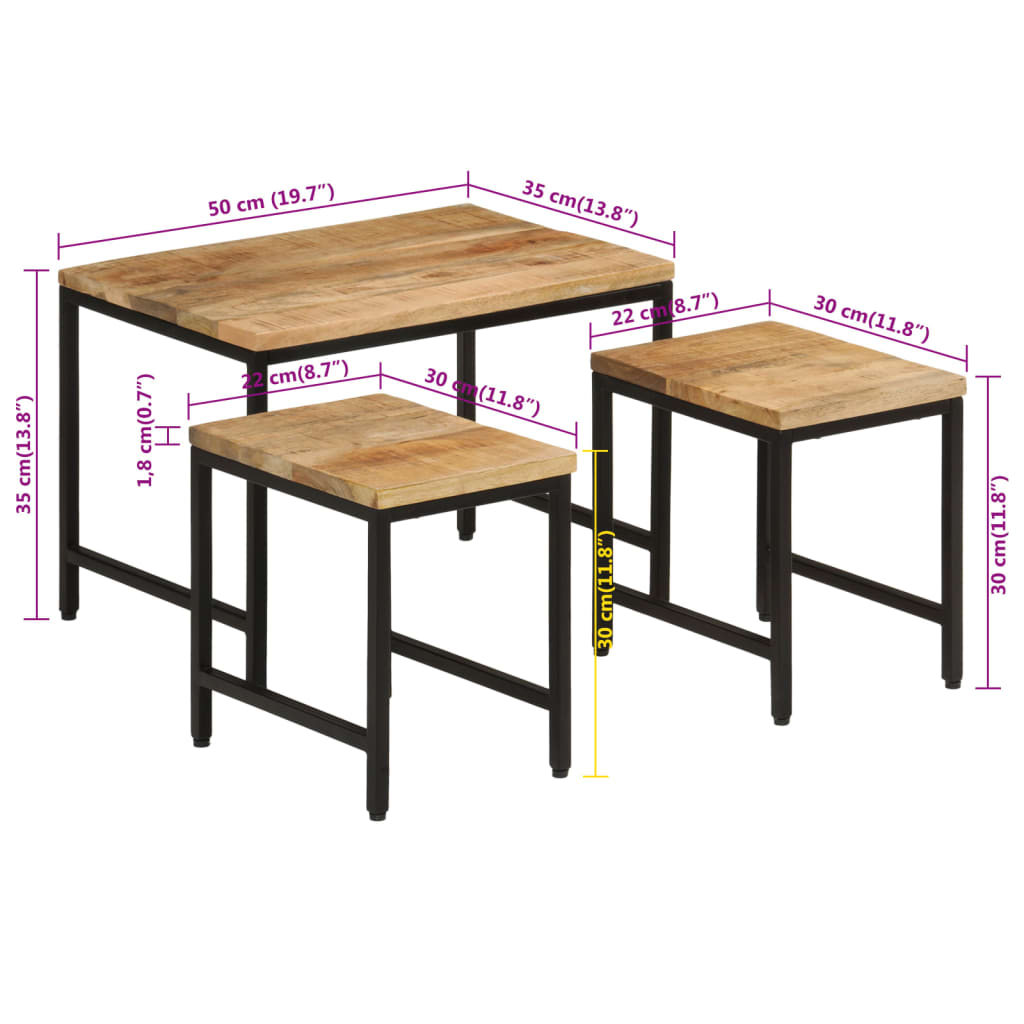 Tables basses gigognes 3pcs bois de manguier massif brut et fer