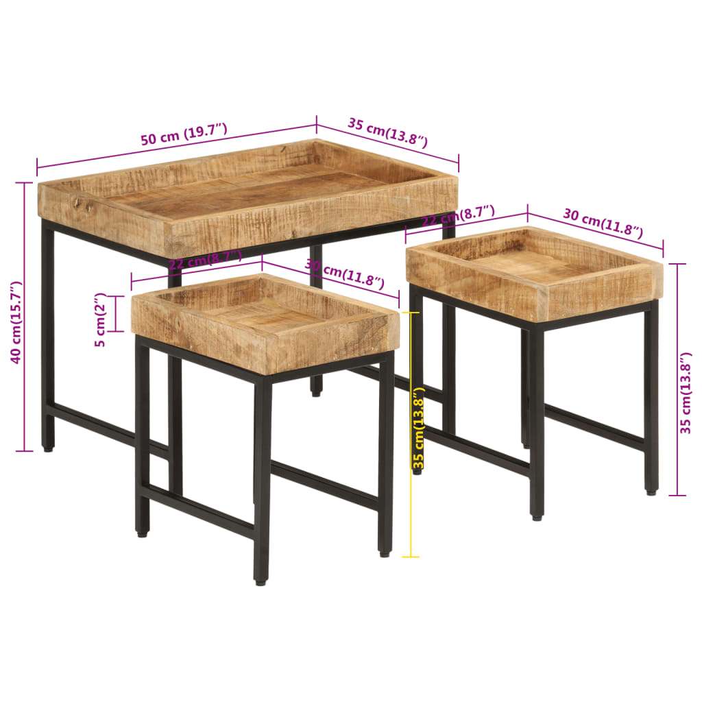 Tables basses gigognes 3pcs bois de manguier massif brut et fer