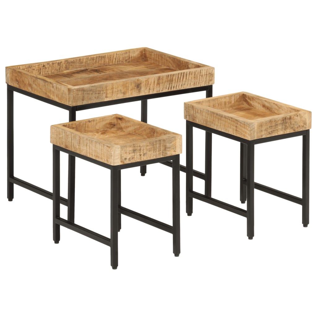 Tables basses gigognes 3pcs bois de manguier massif brut et fer