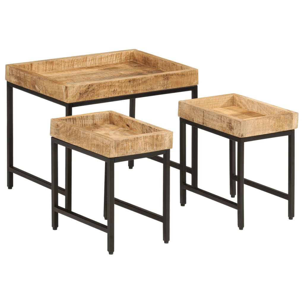 Tables basses gigognes 3pcs bois de manguier massif brut et fer