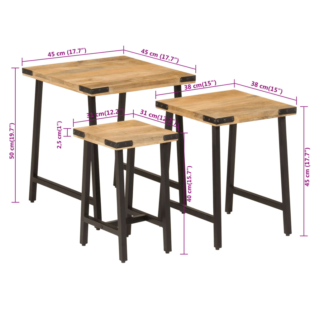 Tables basses gigognes 3 pcs bois massif de manguier et fer