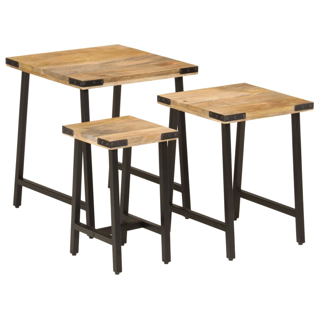 Tables basses gigognes 3 pcs bois massif de manguier et fer