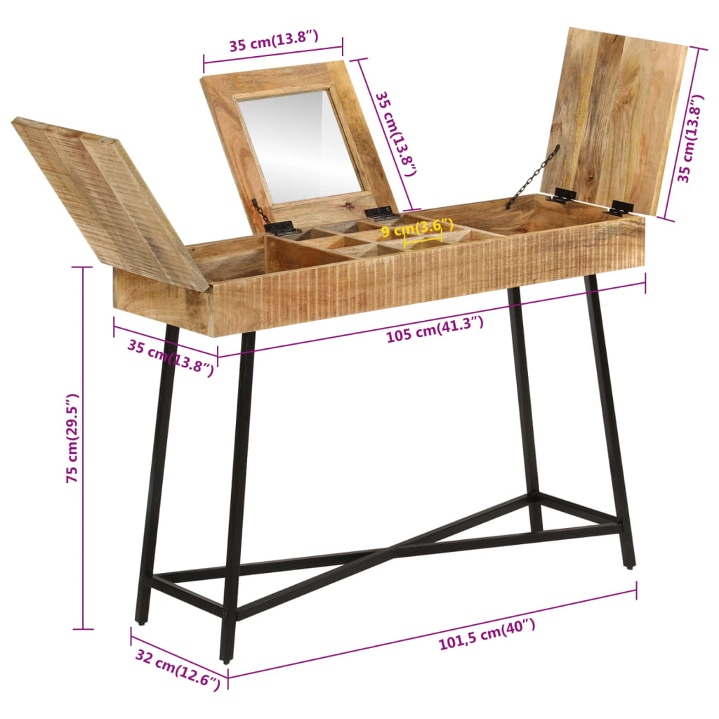 Schminktisch 105x35x75 cm rohes massives Mangoholz und Eisen