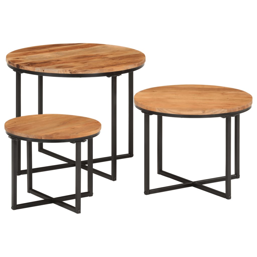 3 pcs nesting coffee tables solid acacia wood and iron