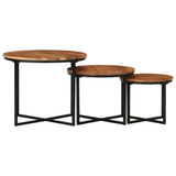 3 pcs nesting coffee tables solid acacia wood and iron